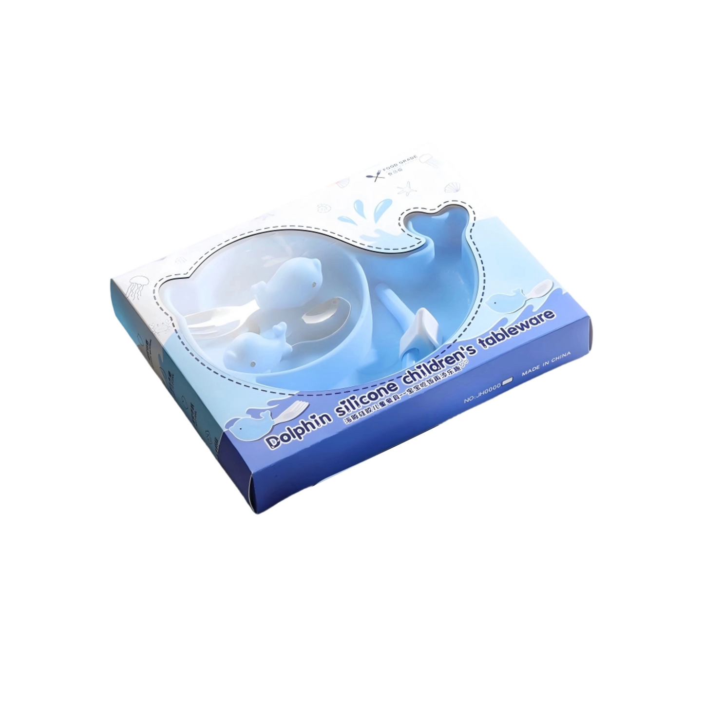 Ocean Dolphin Baby Plate Set | 304 Stainless Steel Utensils | Non-Slip Suction Base | Toddler Self-Feeding Kit | BPA-Free Silicone