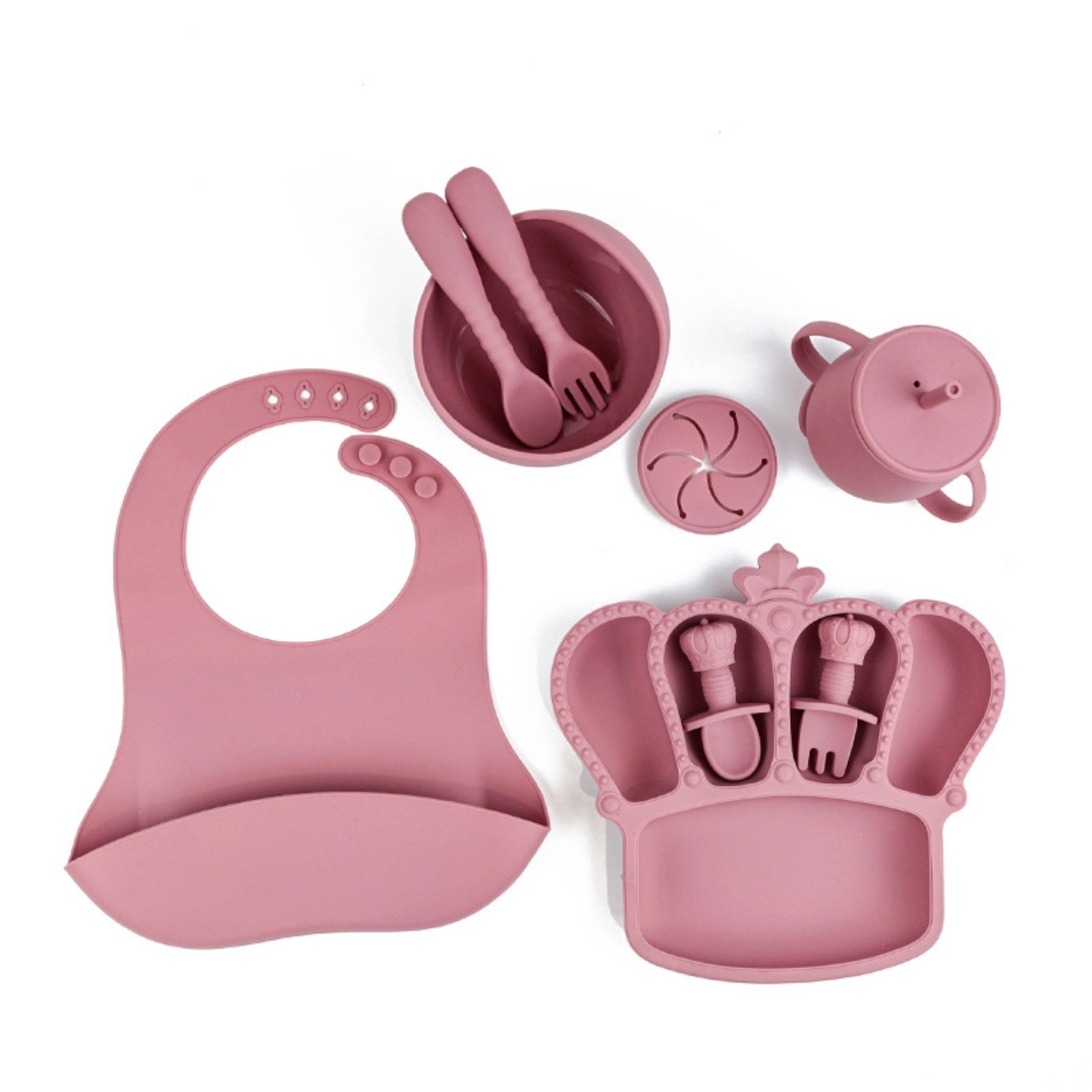 Crown Silicone Baby Feeding Set 9PCS | Lightweight Silicone Bib Bowl Spoon | Suction Divided Plate | Heat Resistant Soft Toddler Tableware