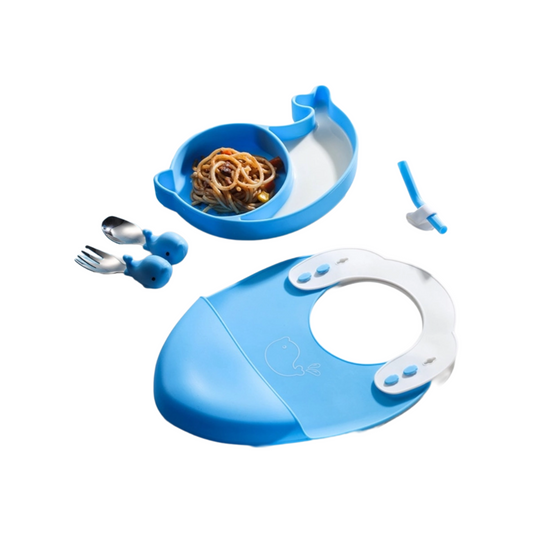 Baby Feeding Set | Dolphin Silicone Plate | 6-Piece 304 Stainless Steel Fork Spoon | Waterproof Bib | Zipper Storage Bag