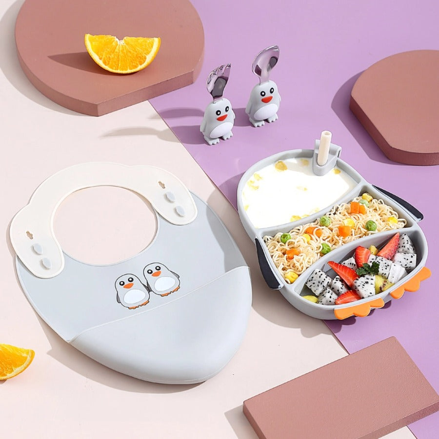 🐧【企鹅造型】儿童硅胶餐盘套装 | 一体式分格防打翻辅食碗 | 食品级宝宝餐具 | 耐高温易吸盘设计