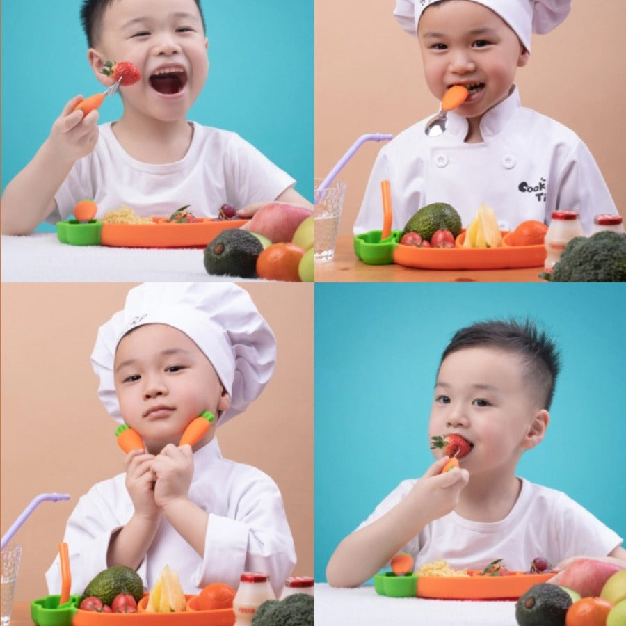 【新款】萝卜造型食品级硅胶餐盘套装 | 强力吸盘分格碗+防水围兜+叉勺 | 防摔宝宝辅食神器 | 耐高温无毒易清洗