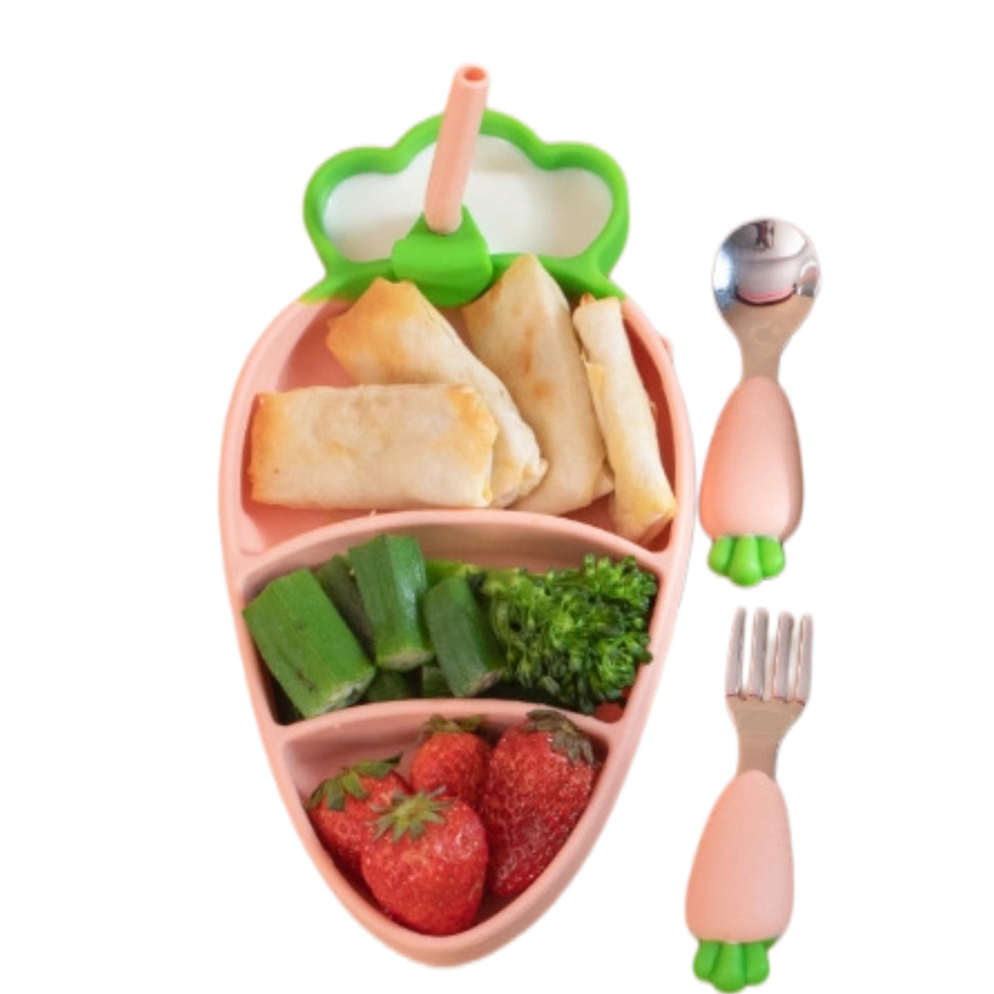 Carrot-Shaped Feeding Set | BPA-Free Silicone Plates & Stainless Forks | 4 Fun Colors | Extra-Strong Suction Cups | Mess-Free Toddler Dish