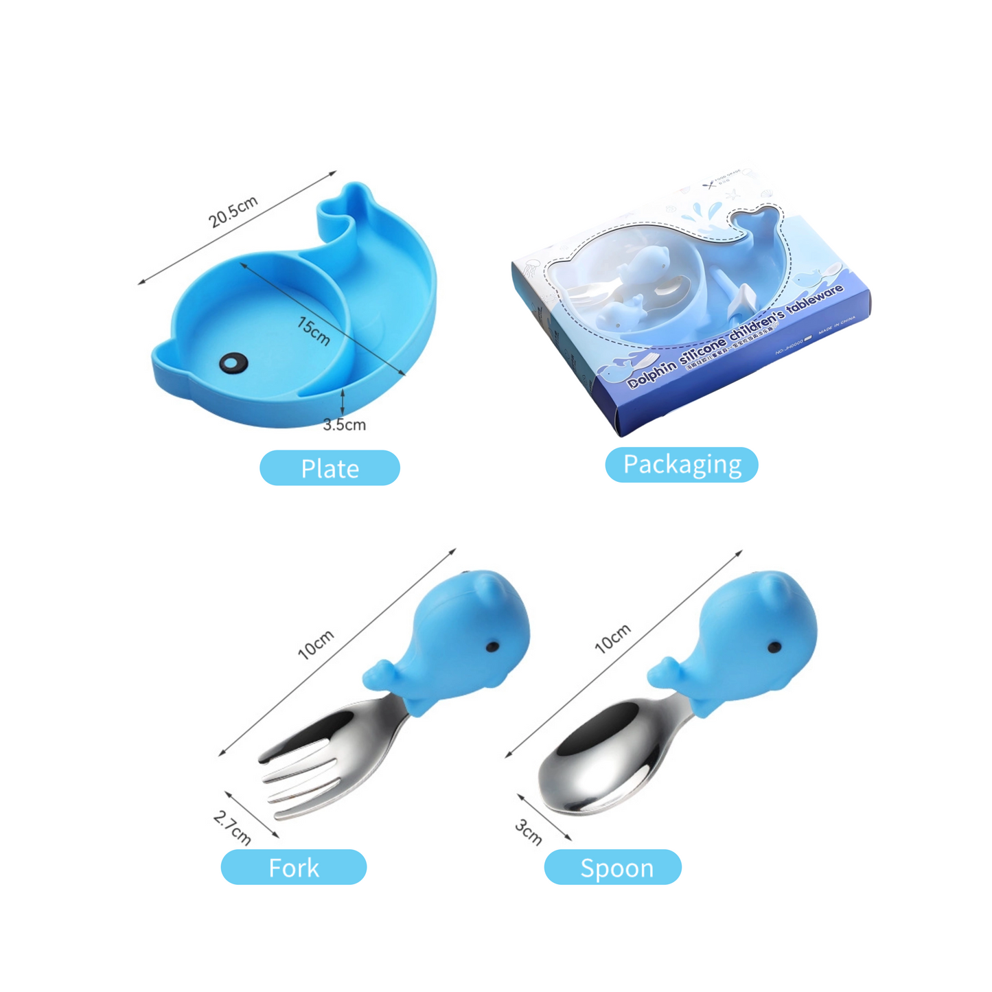 Ocean Dolphin Baby Plate Set | 304 Stainless Steel Utensils | Non-Slip Suction Base | Toddler Self-Feeding Kit | BPA-Free Silicone