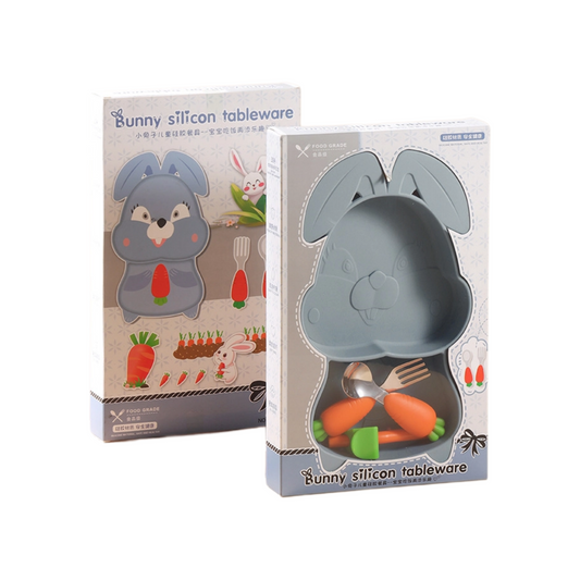 Bunny Silicone Baby Plate Set | 304 Stainless Utensils | Super-Strong Suction Base | Self-Feeding Training Dish