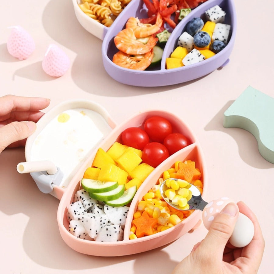 🍄【新款】蘑菇造型硅胶吸盘餐盘 | 食品级一体式分格辅食碗 | 防打翻宝宝餐具套装 | 防摔耐高温易清洗