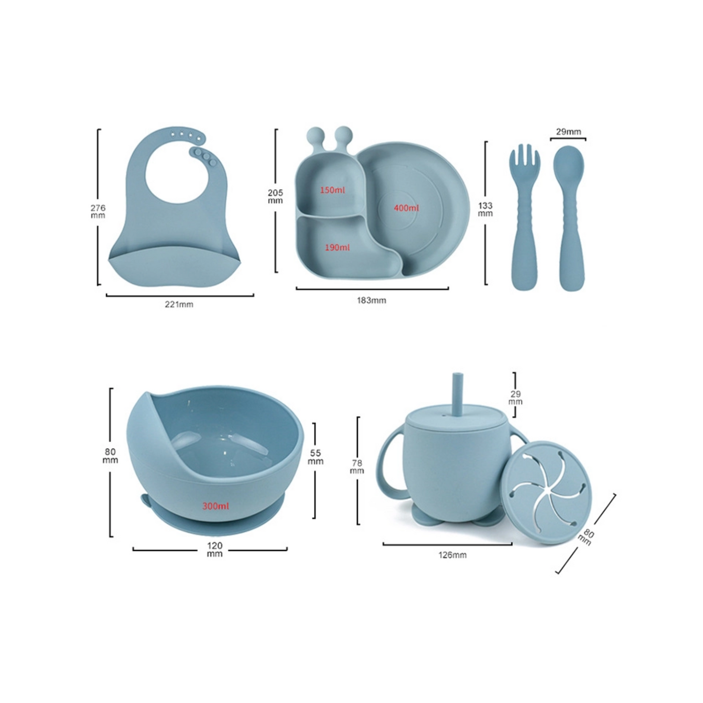Silicone Snail Feeding Set | Baby Tableware 7PCS | BPA Free Non-slip Suction Bowl & Divided Plate | Toddler Self Feeding Dinnerware