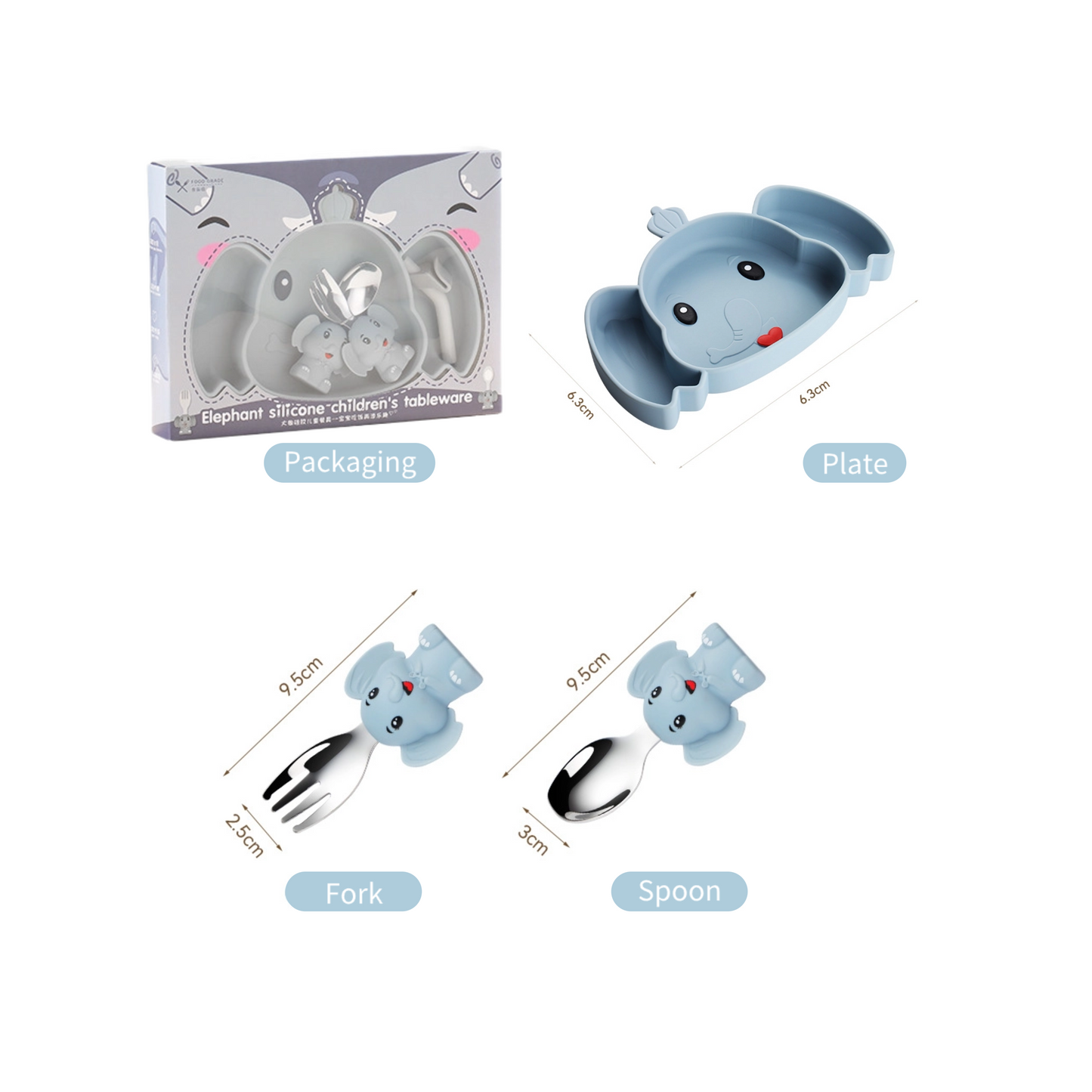 Adorable Elephant Baby Plate Set | 304 Stainless Steel Forks | Non-Slip Suction Base | Toddler Self-Feeding Tray | BPA-Free Silicone