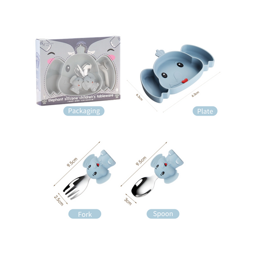 Adorable Elephant Baby Plate Set | 304 Stainless Steel Forks | Non-Slip Suction Base | Toddler Self-Feeding Tray | BPA-Free Silicone
