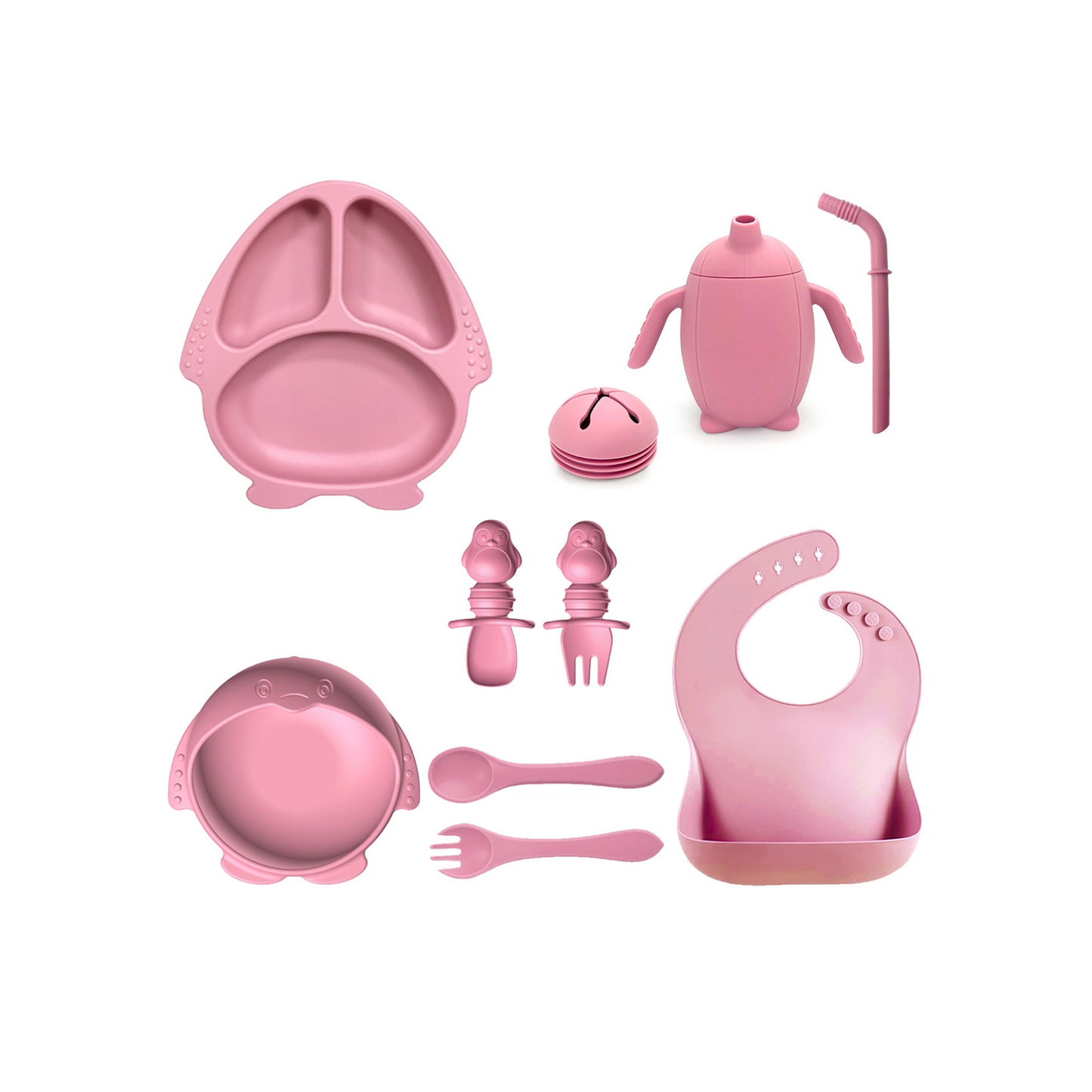 New Silicone Baby Feeding Set | 10pcs Penguin Silicone Tableware for Kids | Baby Suction Bowl & Spoon Set | BPA Free Toddler Dinnerware