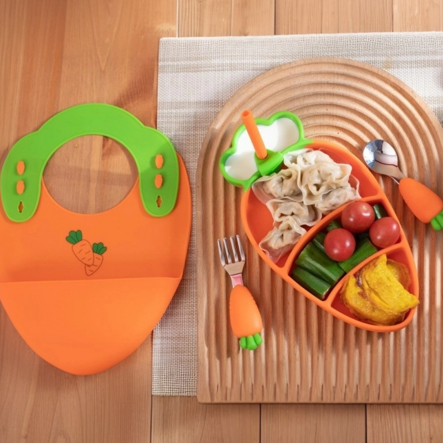 Baby Feeding Set | Carrot Silicone Plate with Suction | Stainless Steel Fork Spoon | Waterproof Bib | Zipper Travel Bag | Toddler Self-Feeding