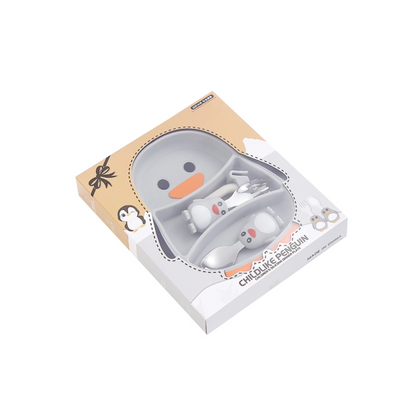 Silicone Baby Feeding Set | Penguin Suction Divided Plate with Stainless Steel Utensils