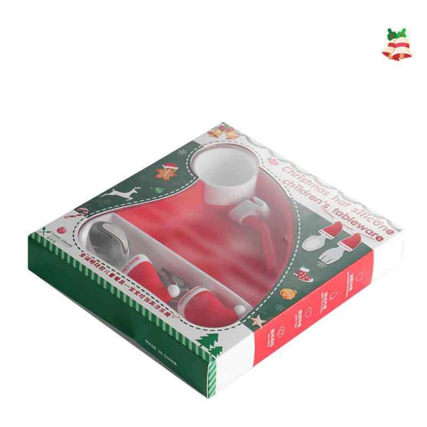 🎅【圣诞限定】儿童硅胶餐盘套装 | 圣诞帽造型分格餐具 + 安全叉勺 | 宝宝辅食礼物 | 食品级防摔耐高温
