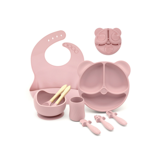 Silicone Baby Feeding Set | Divided Suction Plate and Bowl | Toddler Self Feeding Utensils | Baby Bib and Spoon Set | BPA Free Silicone Tableware