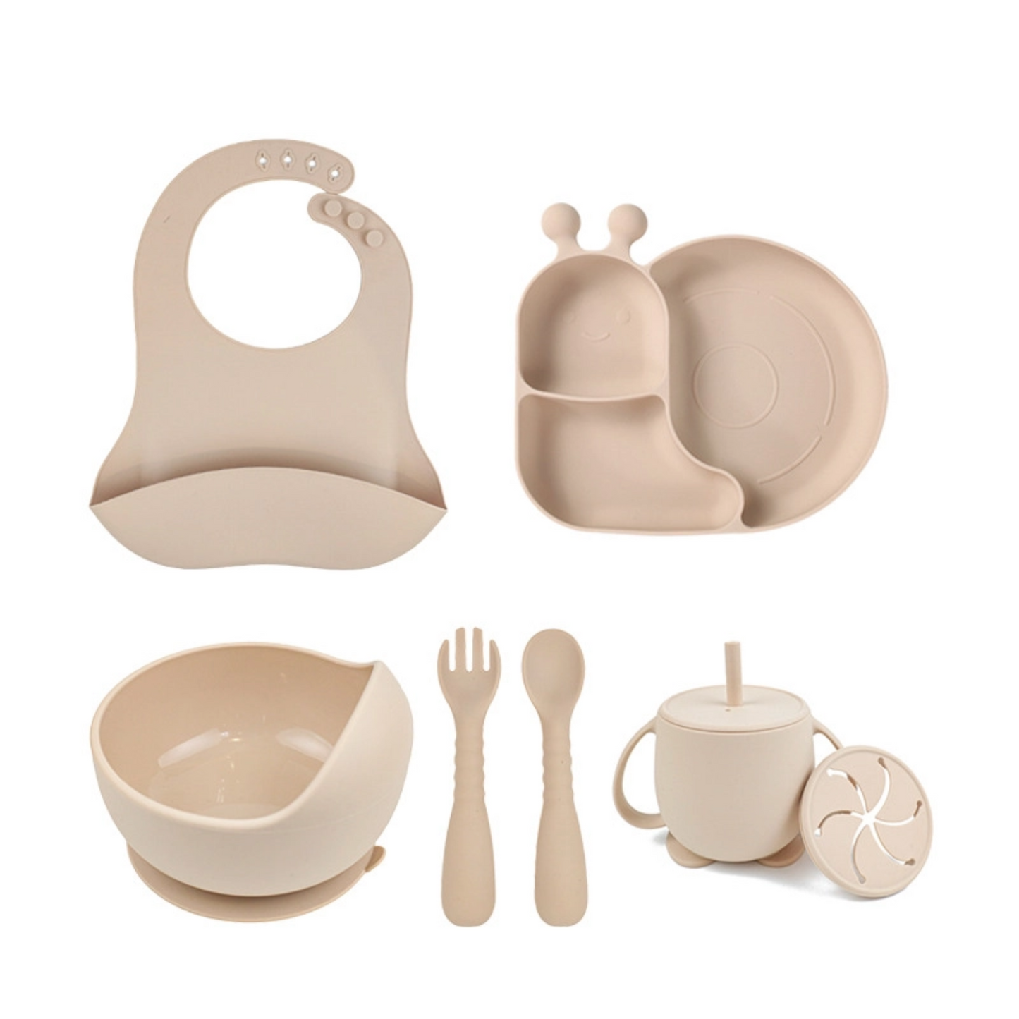 Silicone Snail Feeding Set | Baby Tableware 7PCS | BPA Free Non-slip Suction Bowl & Divided Plate | Toddler Self Feeding Dinnerware