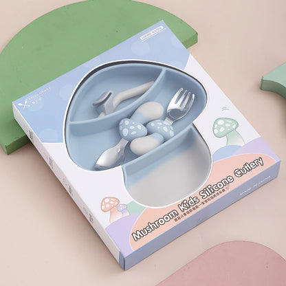 Silicone Baby Feeding Set | Mushroom Dual-Suction Plate with Stainless Steel Utensils