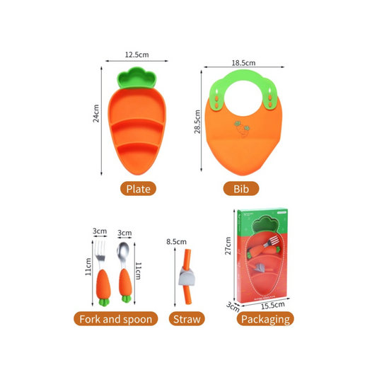 Carrot-Shaped Feeding Set | BPA-Free Silicone Plates & Stainless Forks | 4 Fun Colors | Extra-Strong Suction Cups | Mess-Free Toddler Dish