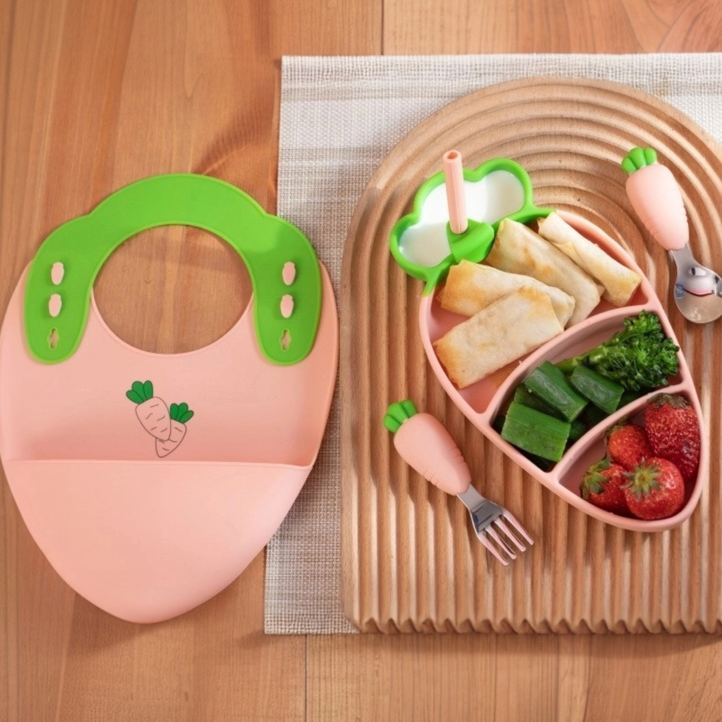 Baby Feeding Set | Carrot Silicone Plate with Suction | Stainless Steel Fork Spoon | Waterproof Bib | Zipper Travel Bag | Toddler Self-Feeding