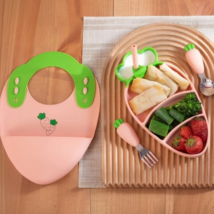 Silicone Baby Feeding Set | Carrot Suction Plate with Bib & Cutlery