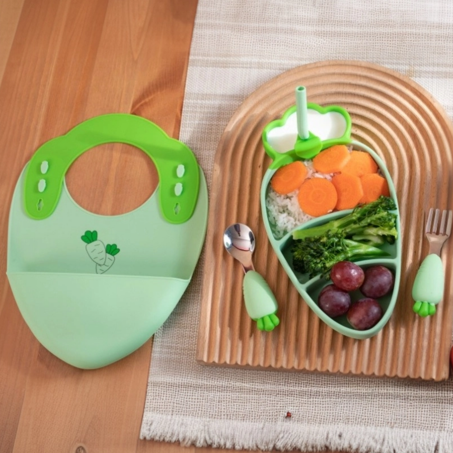 Baby Feeding Set | Carrot Silicone Plate with Suction | Stainless Steel Fork Spoon | Waterproof Bib | Zipper Travel Bag | Toddler Self-Feeding