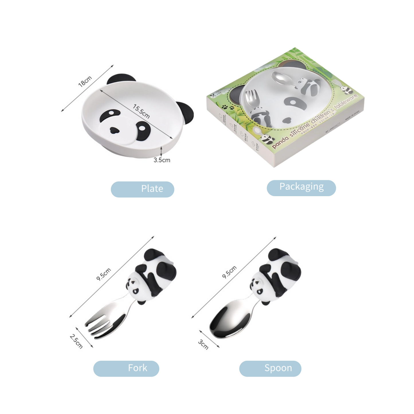 Panda-Shaped Feeding Set | Medical-Grade Steel Fork & Spoon | Mess-Free Training Plate | Strong Suction Cups | Baby-Led Weaning Approved