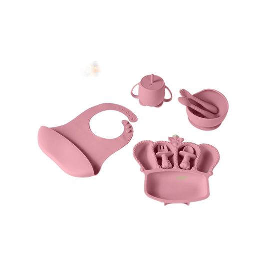 Crown Silicone Baby Feeding Set 9PCS | Lightweight Silicone Bib Bowl Spoon | Suction Divided Plate | Heat Resistant Soft Toddler Tableware