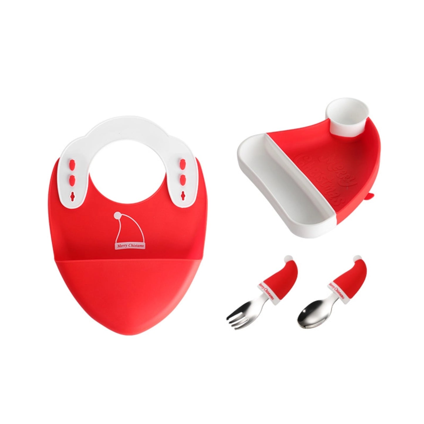 🎅【圣诞限定】儿童硅胶餐盘套装 | 圣诞帽造型分格餐具 + 安全叉勺 | 宝宝辅食礼物 | 食品级防摔耐高温