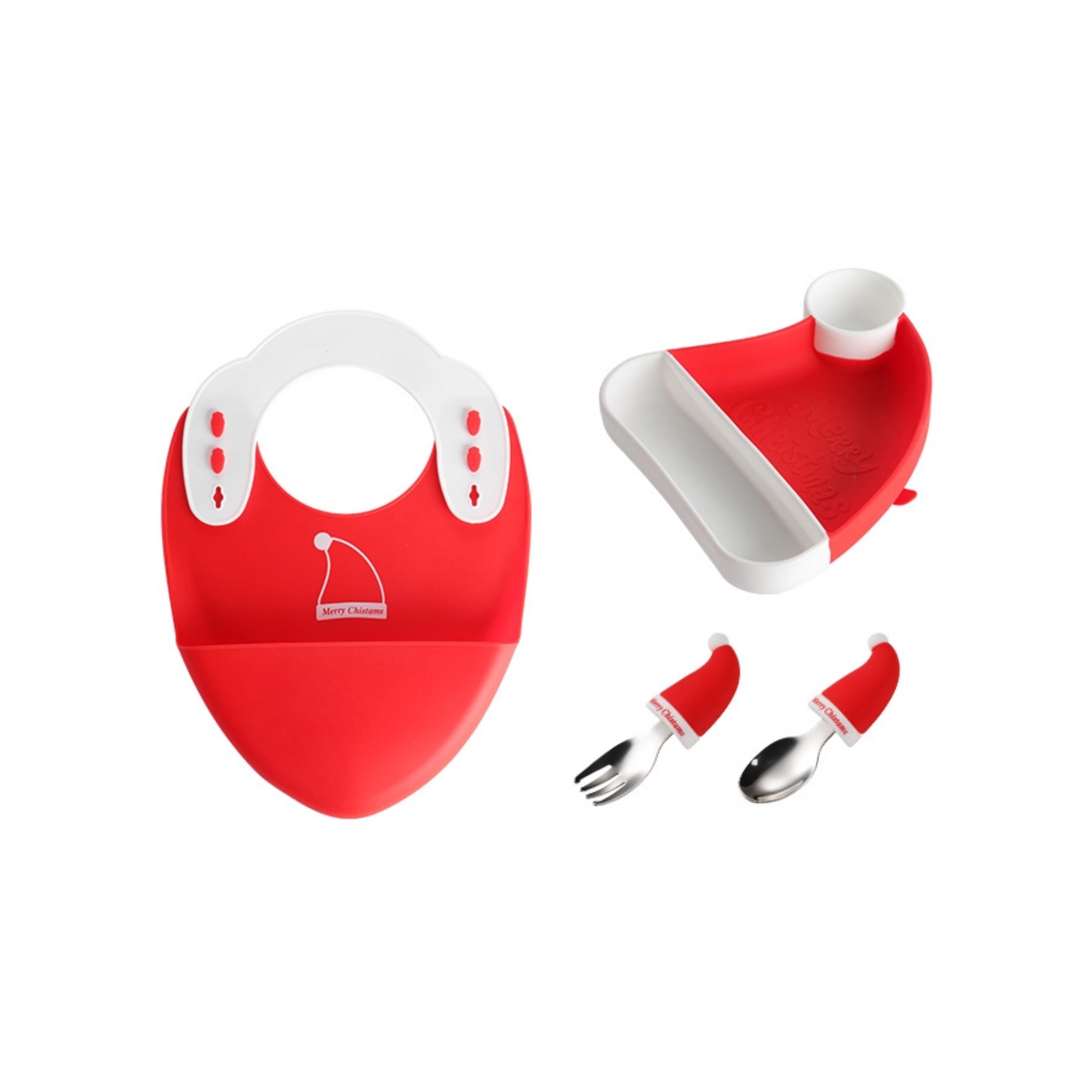 Christmas Baby Plate | Non-Slip 3-Compartment Silicone Tray | 304 Stainless Steel Fork & Spoon | Waterproof Bib | Holiday Feeding Set with Zippered Bag