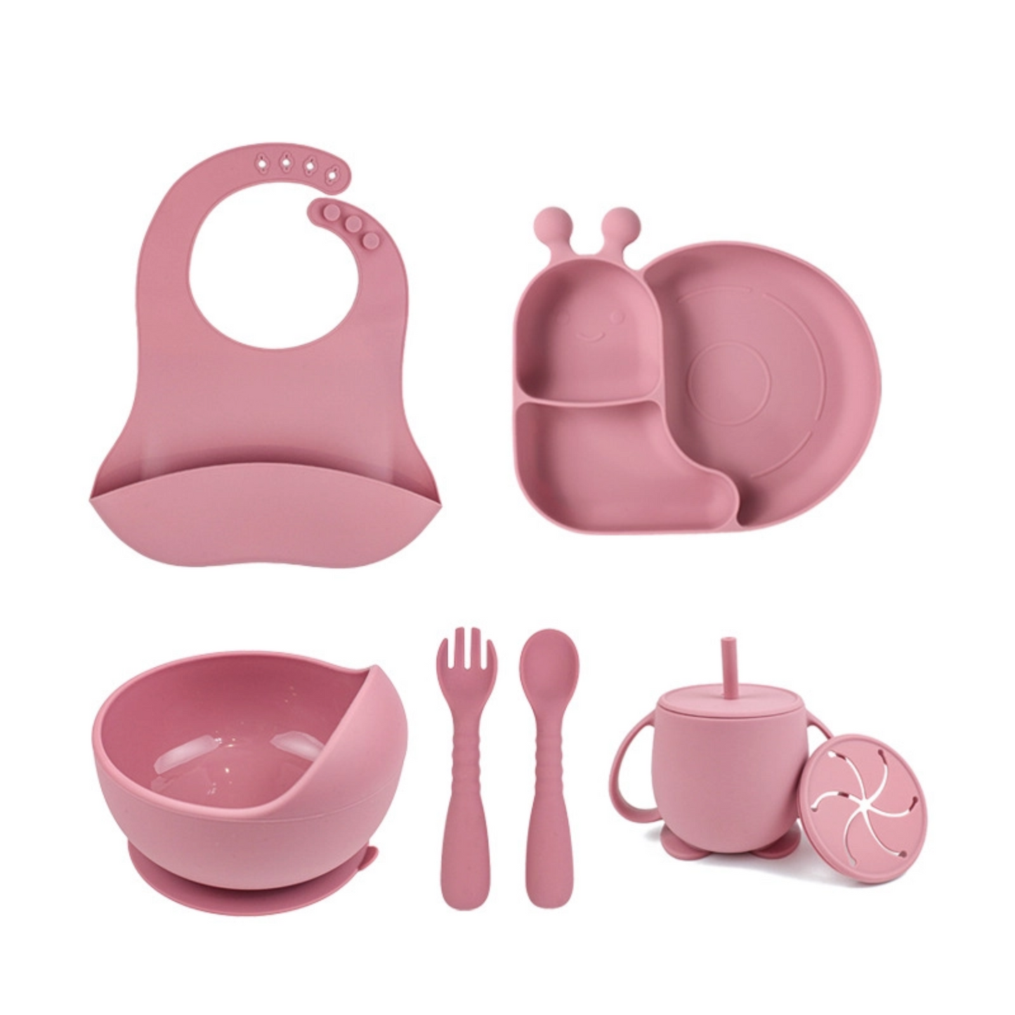 Silicone Snail Feeding Set | Baby Tableware 7PCS | BPA Free Non-slip Suction Bowl & Divided Plate | Toddler Self Feeding Dinnerware