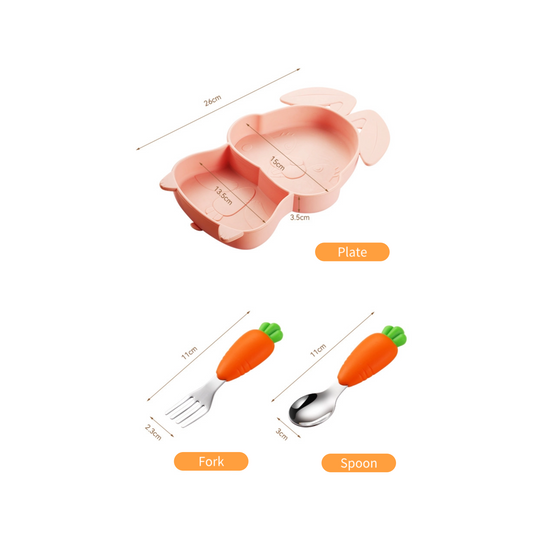 Bunny Silicone Baby Plate Set | 304 Stainless Utensils | Super-Strong Suction Base | Self-Feeding Training Dish