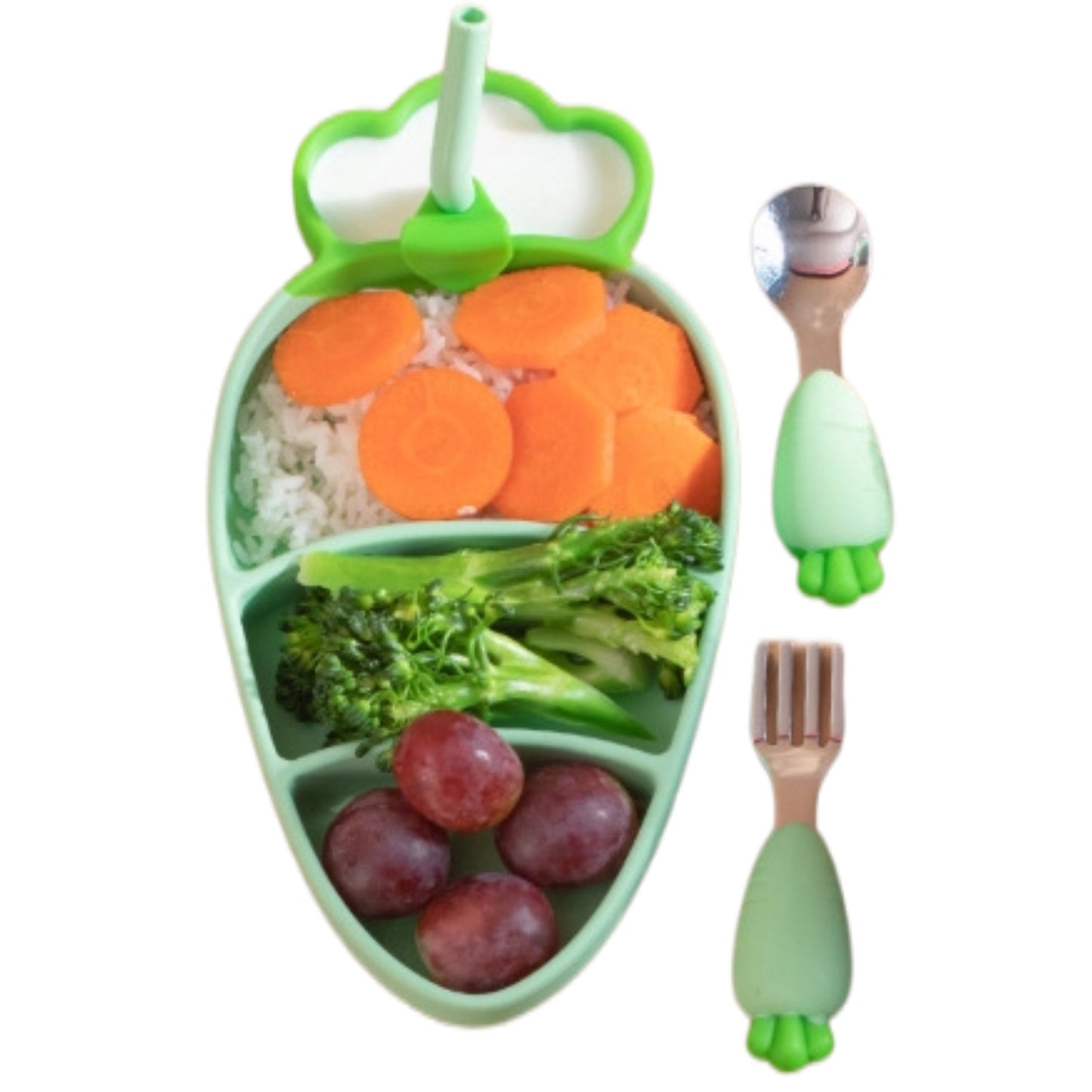 Carrot-Shaped Feeding Set | BPA-Free Silicone Plates & Stainless Forks | 4 Fun Colors | Extra-Strong Suction Cups | Mess-Free Toddler Dish
