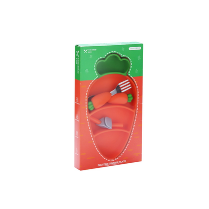 Silicone Baby Feeding Set | Carrot Suction Plate with Stainless Steel Utensils
