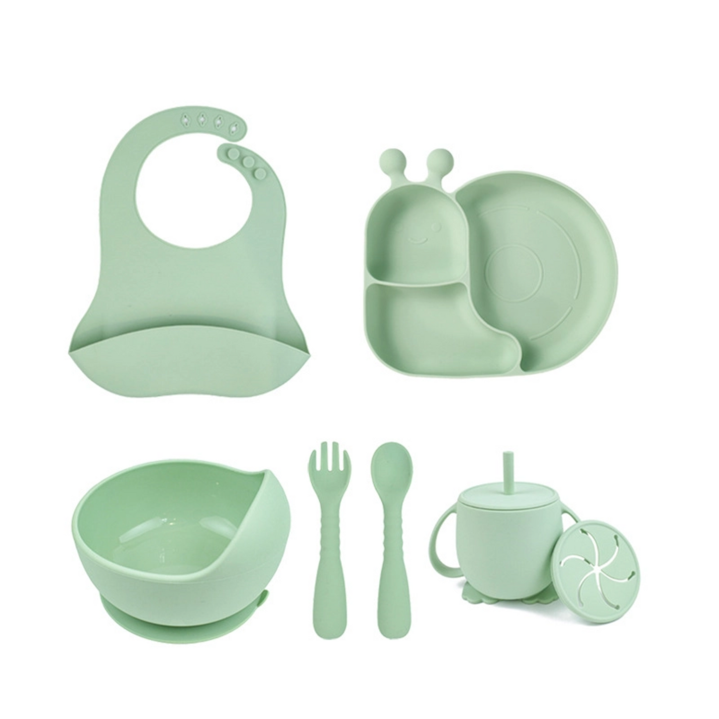 Silicone Snail Feeding Set | Baby Tableware 7PCS | BPA Free Non-slip Suction Bowl & Divided Plate | Toddler Self Feeding Dinnerware