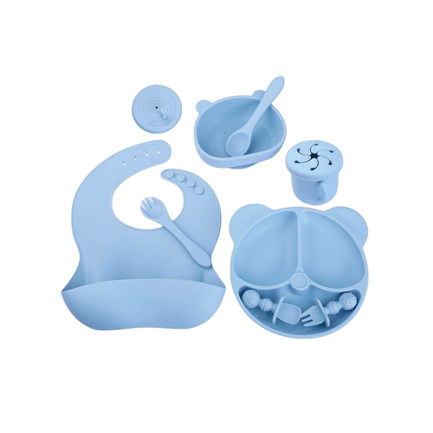 Complete baby feeding set | Bear shape plate | Suction bowl for toddlers | Teething safe utensils | Baby led weaning starter kit | 8-Piece Silicone Baby Set