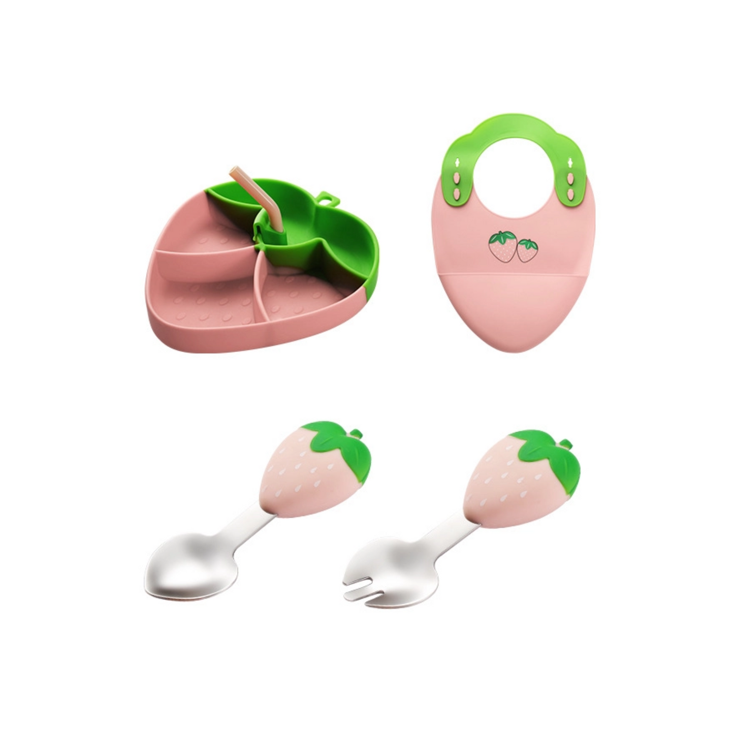 Baby Bib Set | Cartoon Strawberry Silicone Plate | 4-Compartment Feeding Utensils | 304 Stainless Steel Fork Spoon