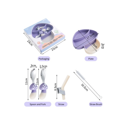 Silicone Baby Feeding Set | Mushroom Dual-Suction Plate with Stainless Steel Utensils
