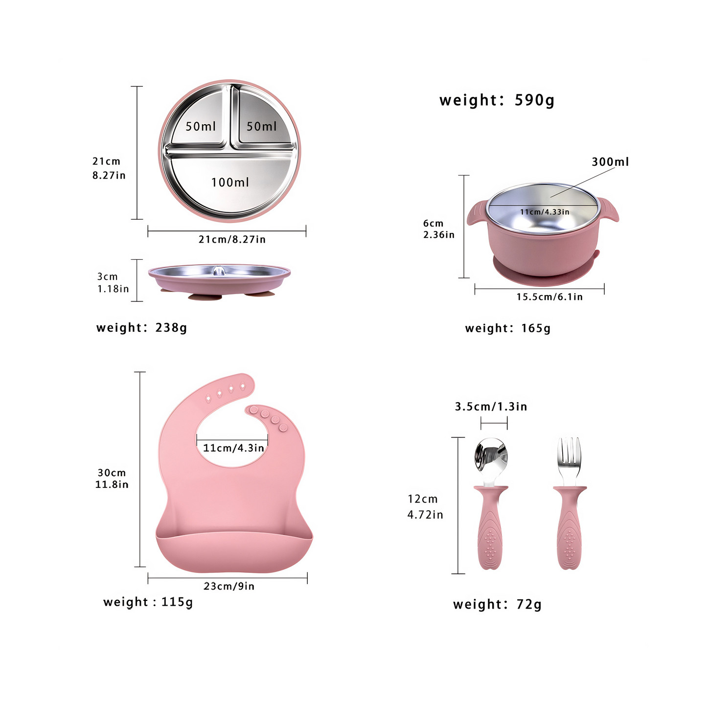Stainless steel baby feeding set | Vacuum lock toddler plate | Partitioned smiley face plate | Steel-silicone utensils set | Self-feeding training tools