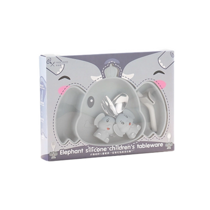 Silicone Baby Feeding Set | Elephant Suction Plate with Stainless Steel Utensils