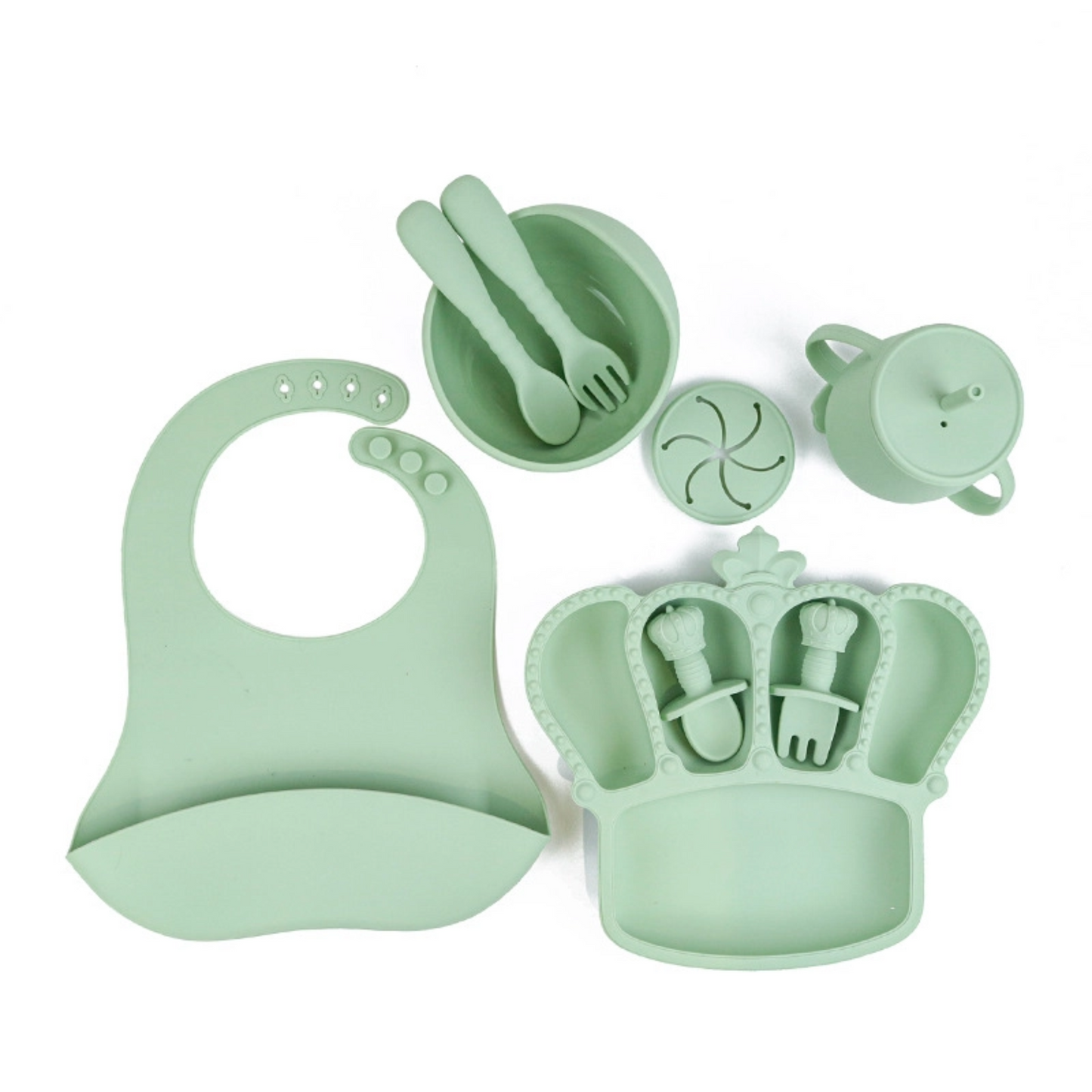 Crown Silicone Baby Feeding Set 9PCS | Lightweight Silicone Bib Bowl Spoon | Suction Divided Plate | Heat Resistant Soft Toddler Tableware