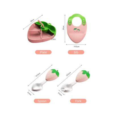 Silicone Baby Feeding Set | Strawberry 4-Compartment Plate with Bib & Cutlery