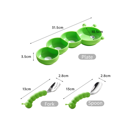 Silicone Baby Feeding Set | Caterpillar Divided Suction Plate with Stainless Steel Utensils