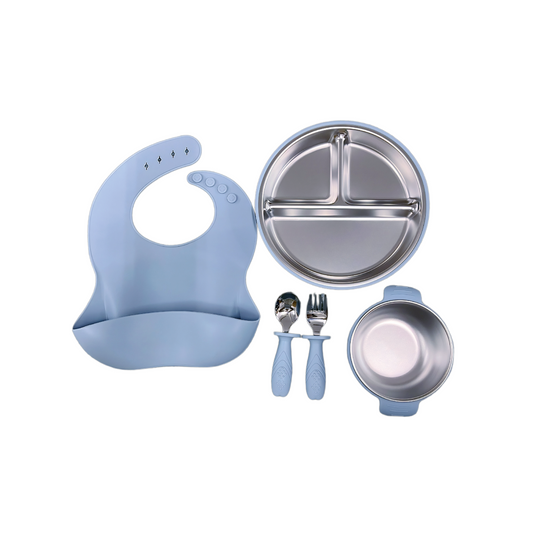 Stainless steel baby feeding set | Vacuum lock toddler plate | Partitioned smiley face plate | Steel-silicone utensils set | Self-feeding training tools