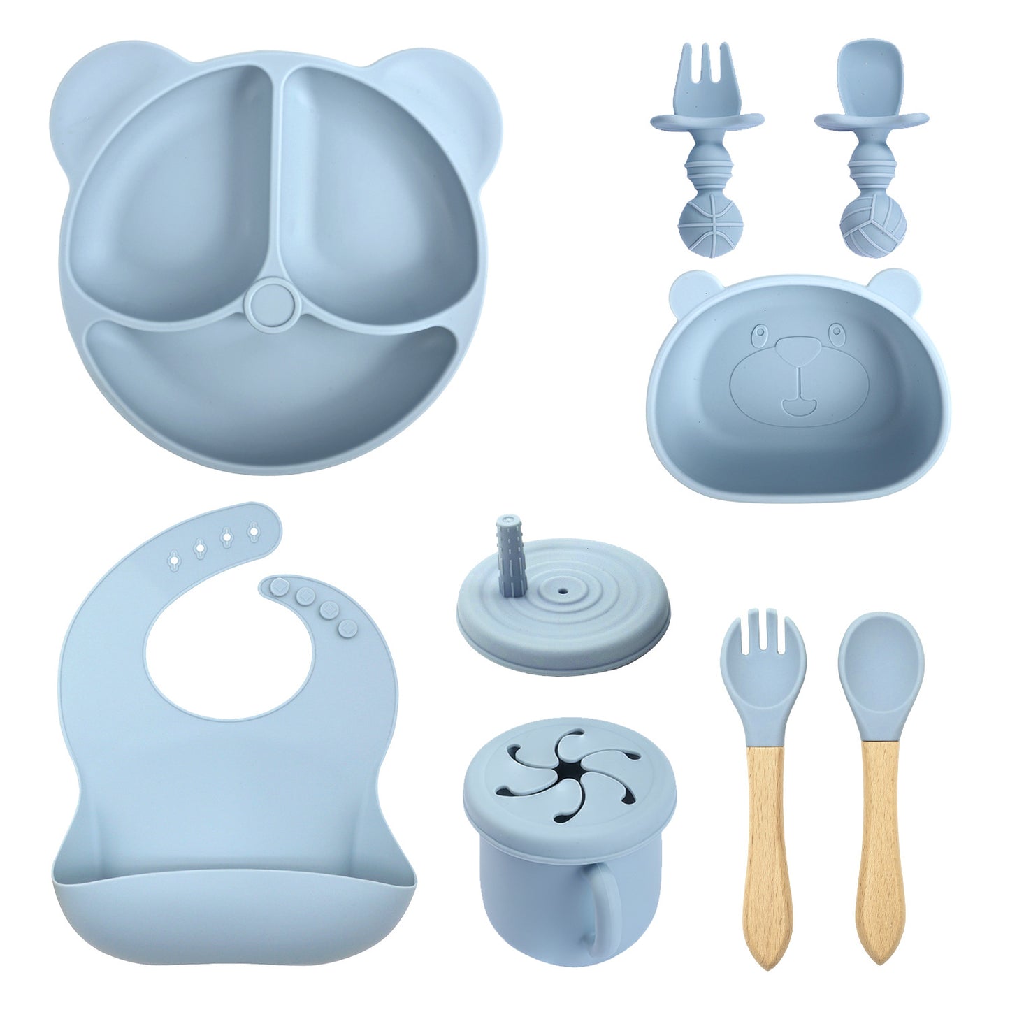 Silicone Baby Feeding Set | Divided Suction Plate and Bowl | Toddler Self Feeding Utensils | Baby Bib and Spoon Set | BPA Free Silicone Tableware