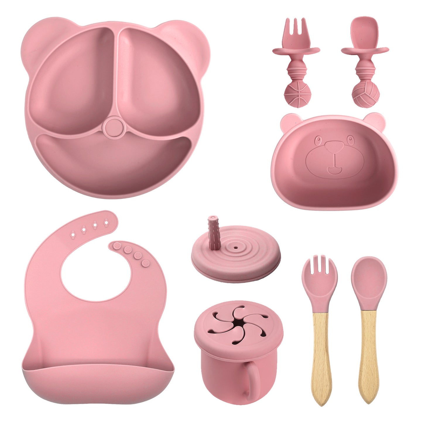 Silicone Baby Feeding Set | Divided Suction Plate and Bowl | Toddler Self Feeding Utensils | Baby Bib and Spoon Set | BPA Free Silicone Tableware
