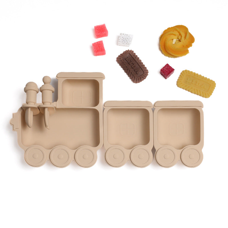 Train Silicone Baby Feeding Plate | Cartoon Divided Suction Plate with Fork and Spoon | Heat Resistant Tableware | Microwave Safe Toddler Dish Set