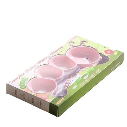 Silicone Baby Feeding Set | Caterpillar Divided Suction Plate with Stainless Steel Utensils