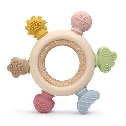 Eco Wood & Silicone Teething Ring | BPA-Free Baby Hand Training Toy