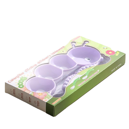 Silicone Baby Feeding Set | Caterpillar Divided Suction Plate with Stainless Steel Utensils