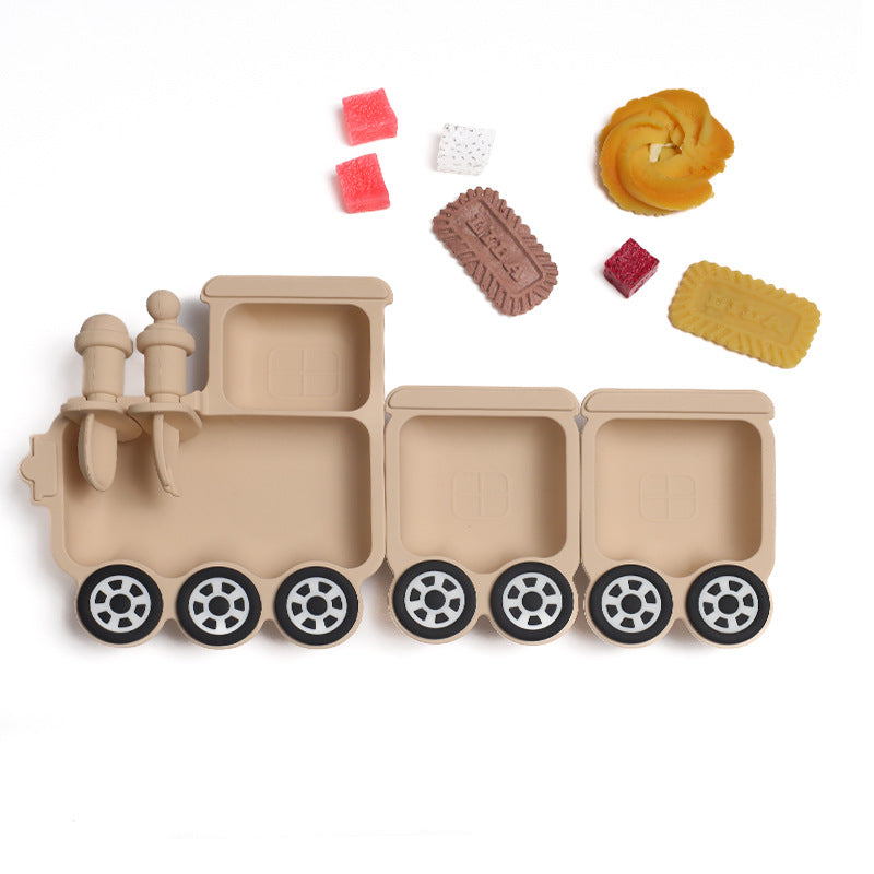 Train Silicone Baby Feeding Plate | Cartoon Divided Suction Plate with Fork and Spoon | Heat Resistant Tableware | Microwave Safe Toddler Dish Set