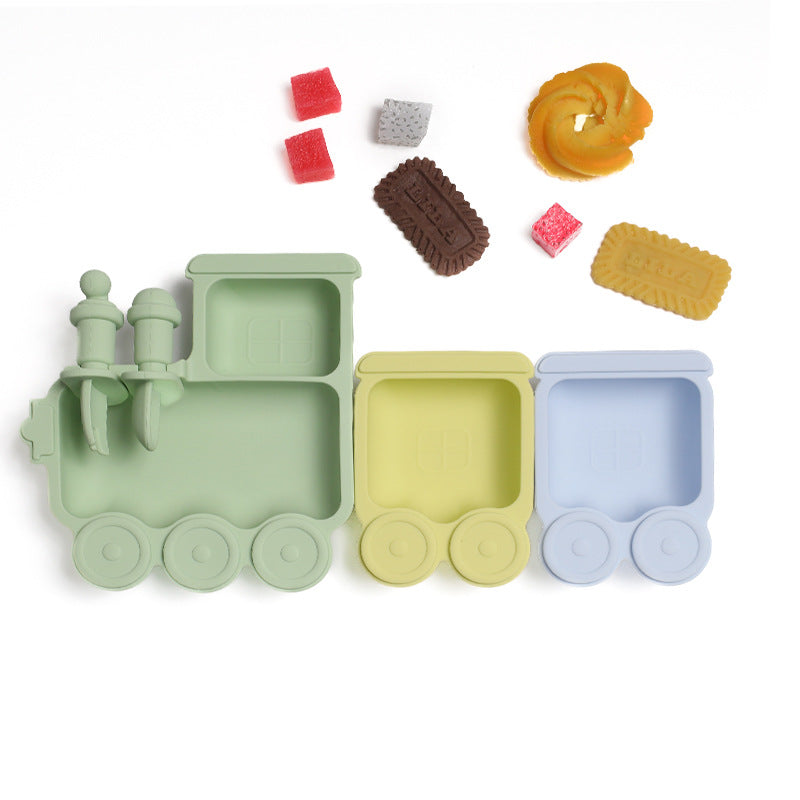 Train Silicone Baby Feeding Plate | Cartoon Divided Suction Plate with Fork and Spoon | Heat Resistant Tableware | Microwave Safe Toddler Dish Set