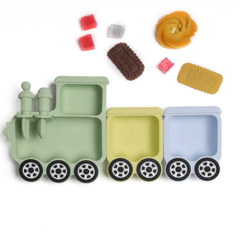 Train Silicone Baby Feeding Plate | Cartoon Divided Suction Plate with Fork and Spoon | Heat Resistant Tableware | Microwave Safe Toddler Dish Set